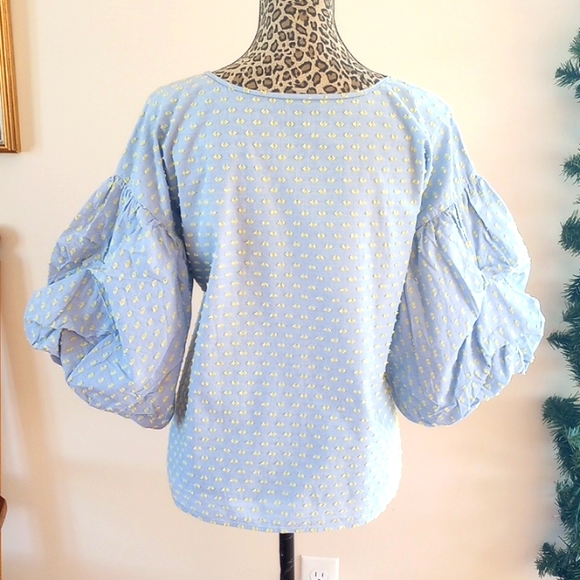 Halogen Preppy Puffy Elbow Sleeve Blouse Size:S Color: Light Blue/Yellow - Picture 5 of 12